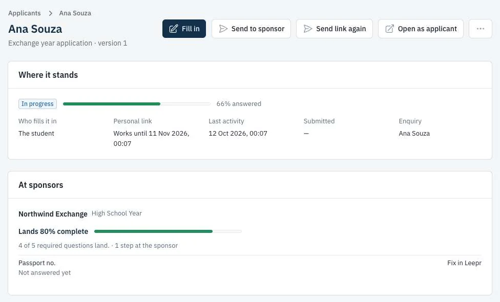 An applicant's page: their answers land 80% complete at a sponsor, with what is still missing
