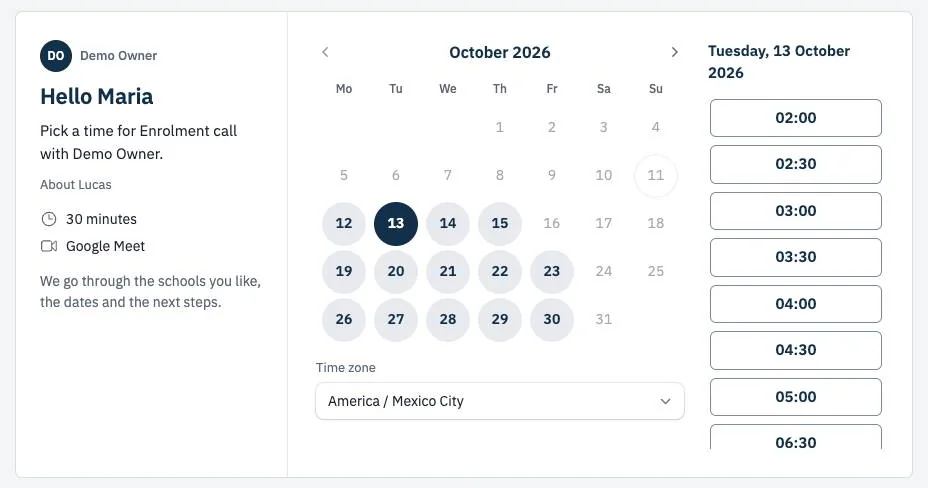A family's booking page for a 30-minute enrolment call: a calendar for October and the open times on the chosen day