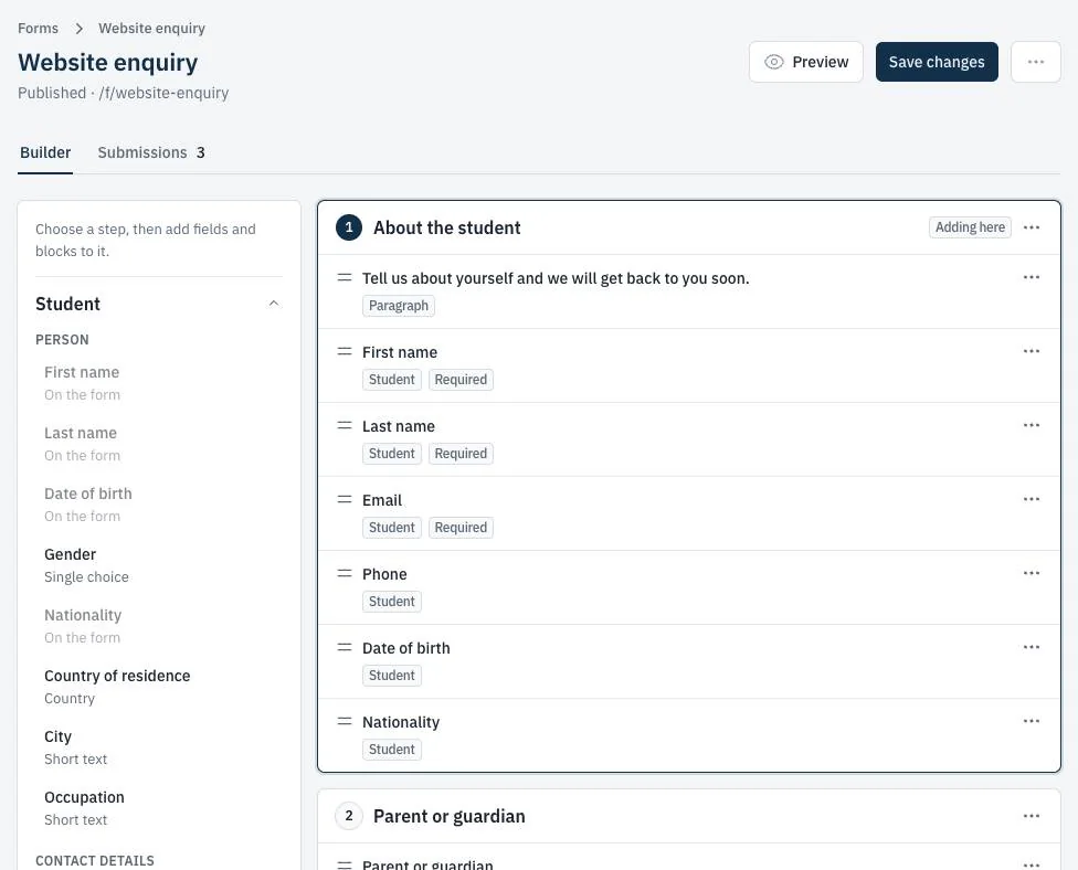 The form builder: the steps of a website enquiry form on the right, the fields to add on the left