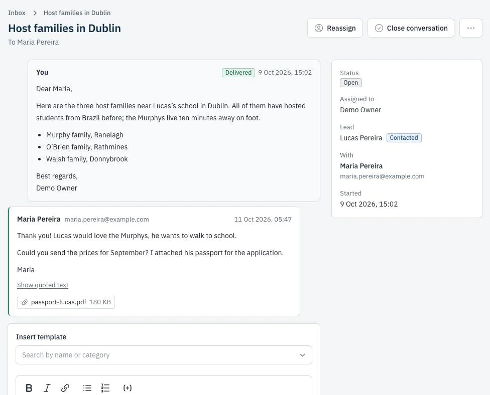 An email conversation with a parent in the Inbox, with the template picker under the reply