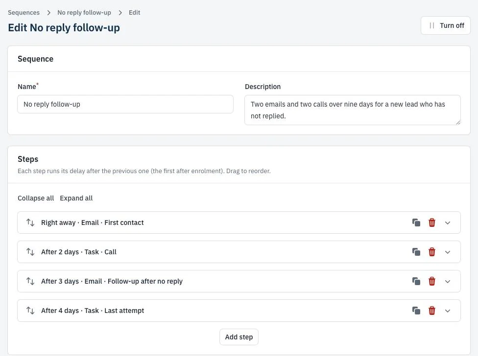 A sequence of four steps over nine days: an email, a call, a follow-up email and a last attempt