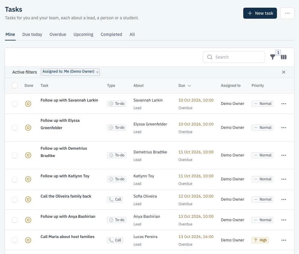 Tasks: follow-up calls and emails with due dates, the lead each one is about and who it is assigned to